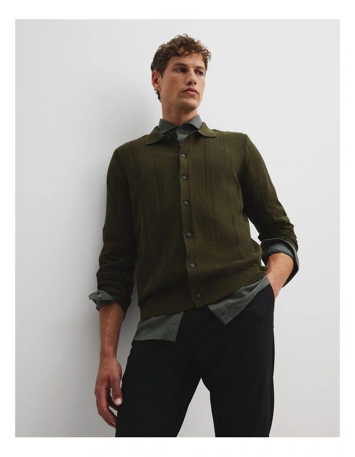 Cotton Silk Rib Knit Shirt in Khaki Green