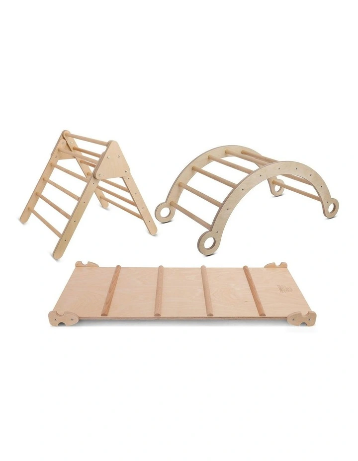 Pikler Climbing Frame Package with Slide, Arch and Triangle in Brown