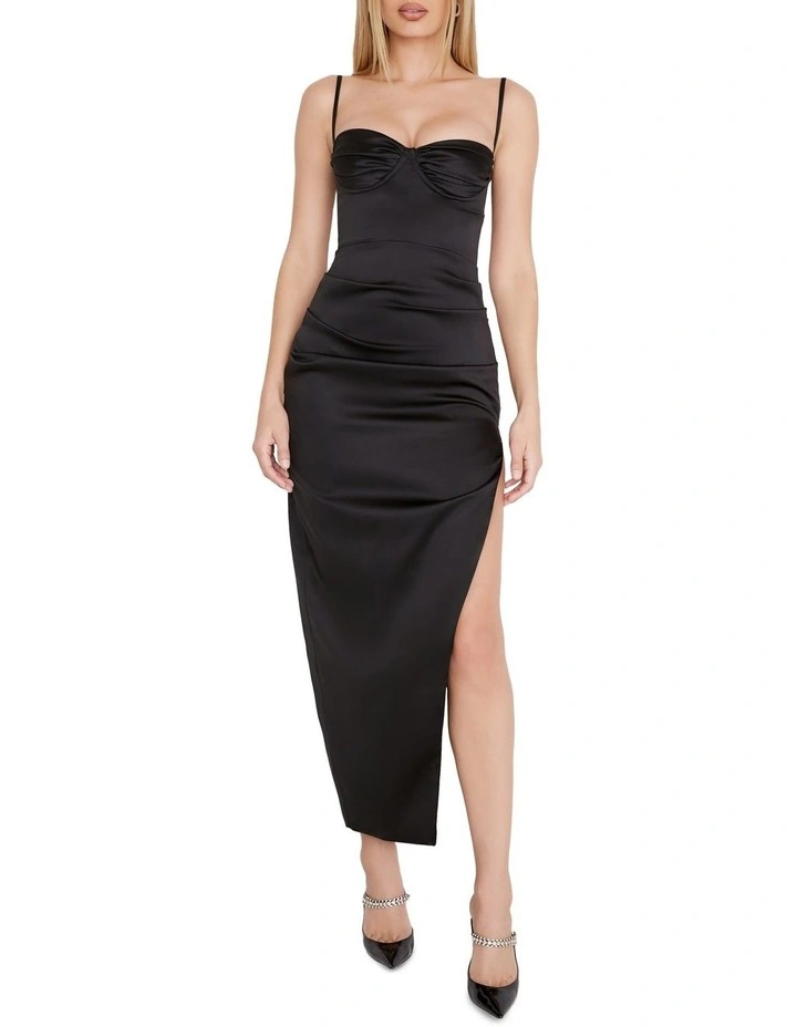 Flora Satin Pleated Corset Midi Dress in Black