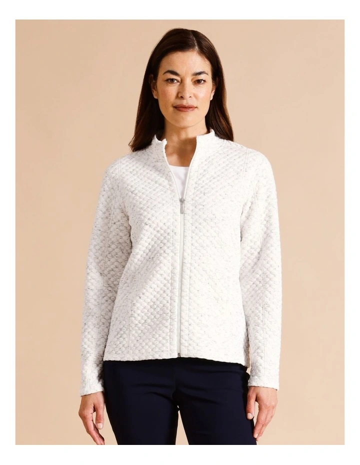 Recycled Polyester Blend Zip Thru Spot Jacquard Sweat Top In Ivory