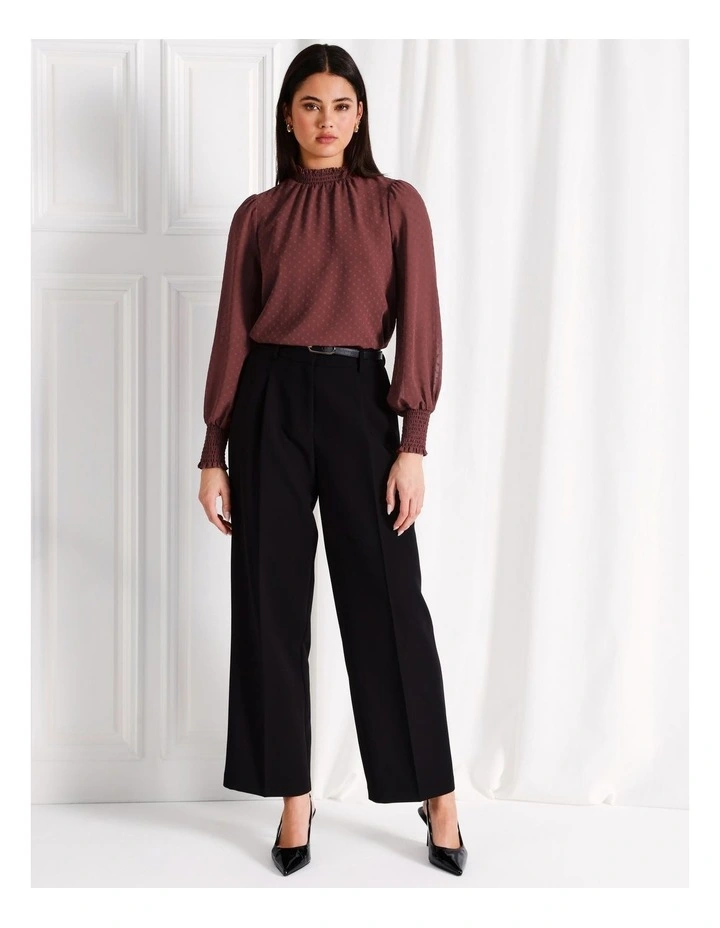 High Neck Shirred Blouse in Wine