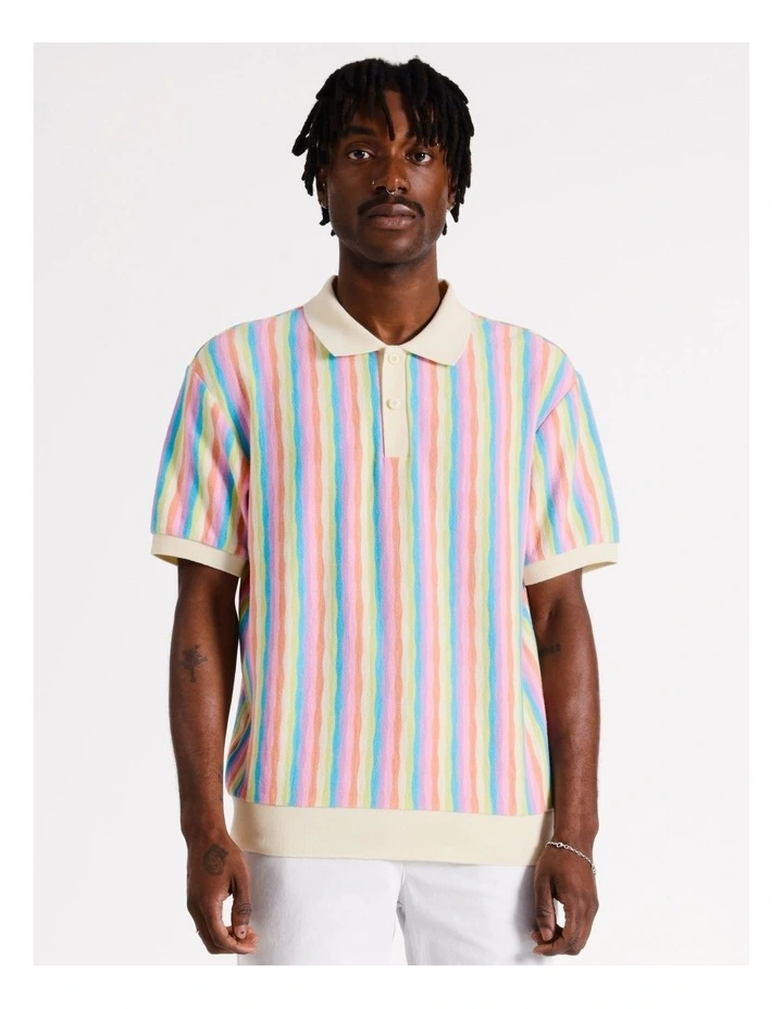 Silas Stripe Knit All Gender Short Sleeve Polo in Beige
