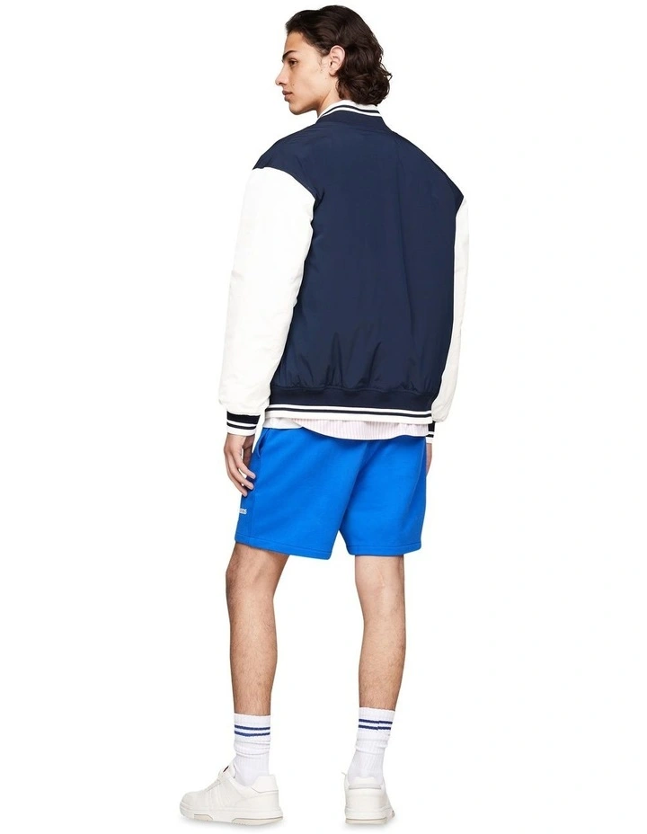 Varsity Colour-Blocked Letterman Jacket in Blue