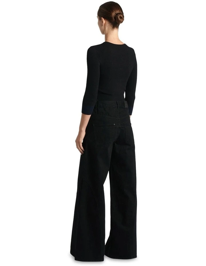 Ribbed Contrast Trim 3/4 Sleeve Knit in Black