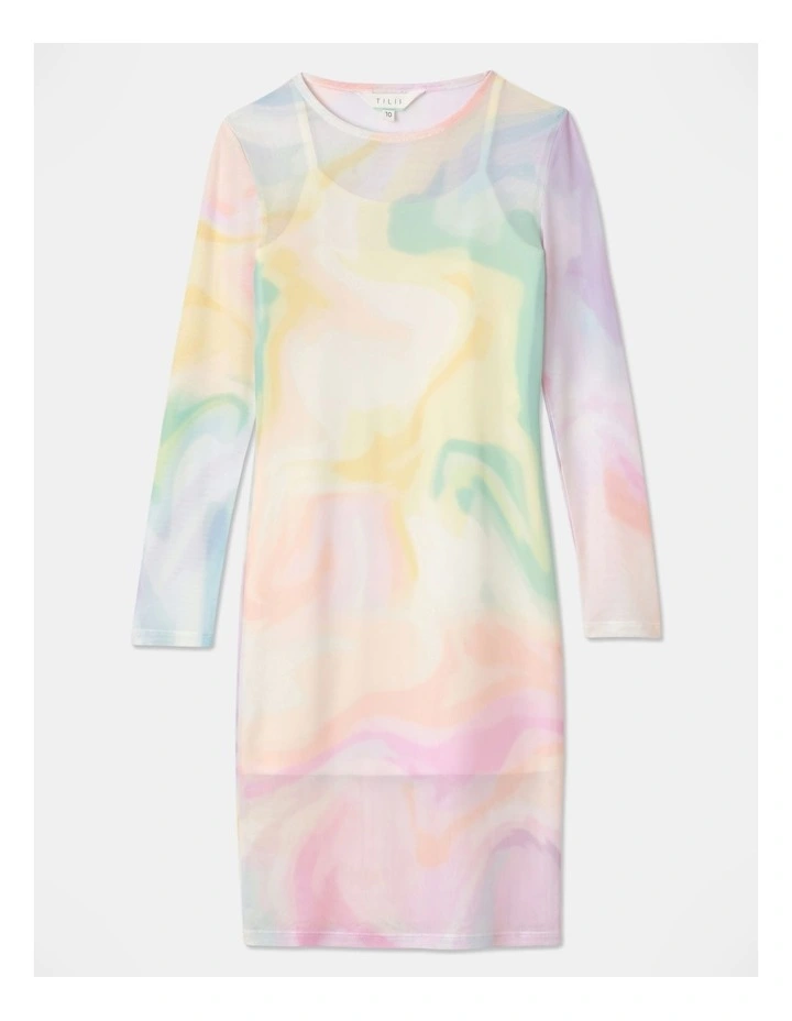 Long Sleeve Mesh Midi Dress in Rainbow