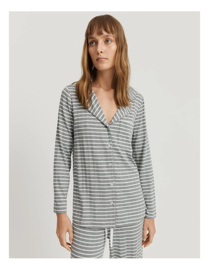 Stripe Long Sleeve Pyjama Shirt in Grey Marle Stripe