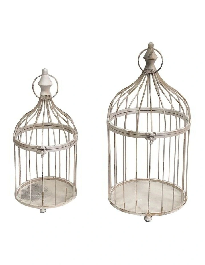 Nested Cone-Shape Birdcages Set of 2 in Distressed White