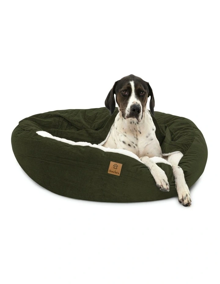 Snookie Hooded Corduroy Calming Dog Bed in Olive