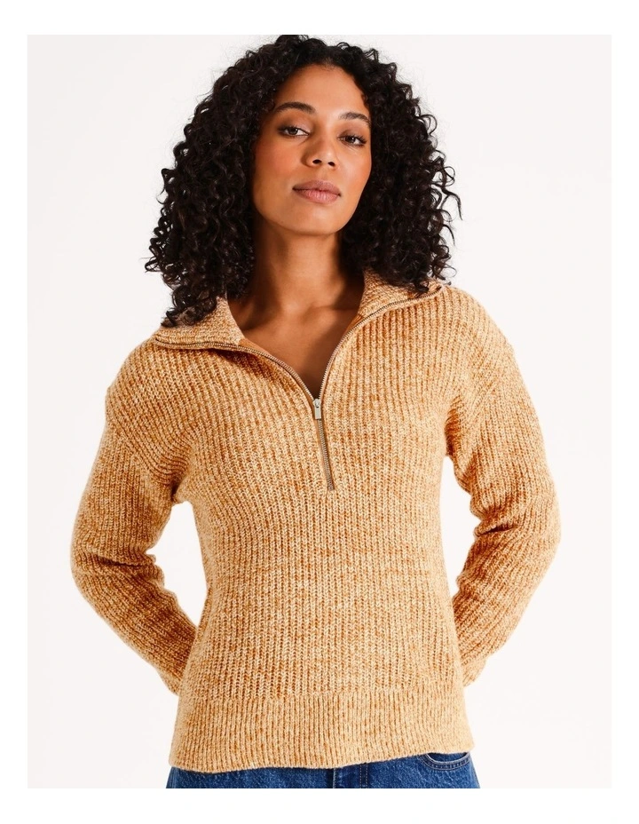 Wool Blend Twist Yarn Zip Neck Jumper in Taupe