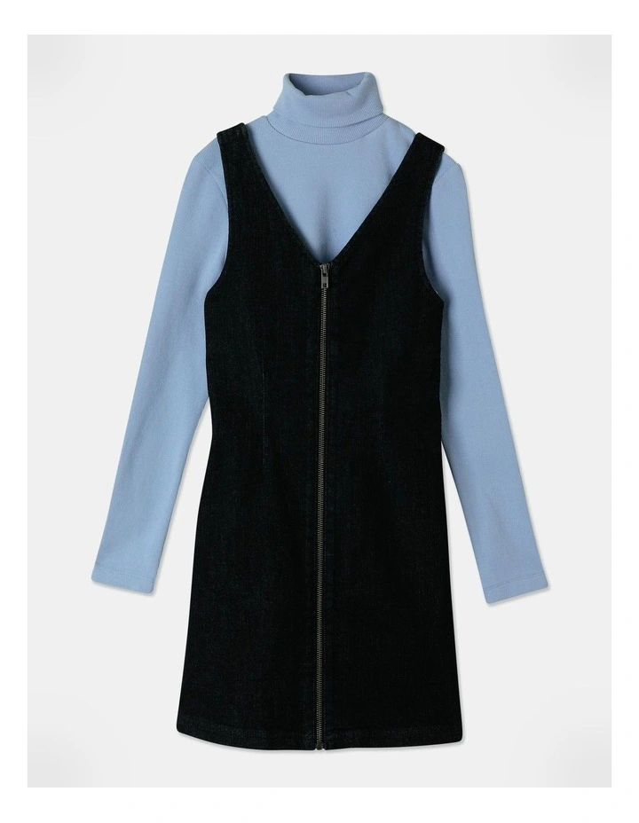 Denim Pinny Dress and Rib Top Set in Black