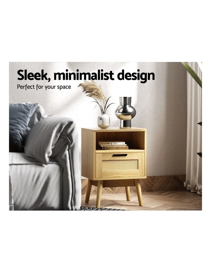 Rattan Bedside Table in Wood