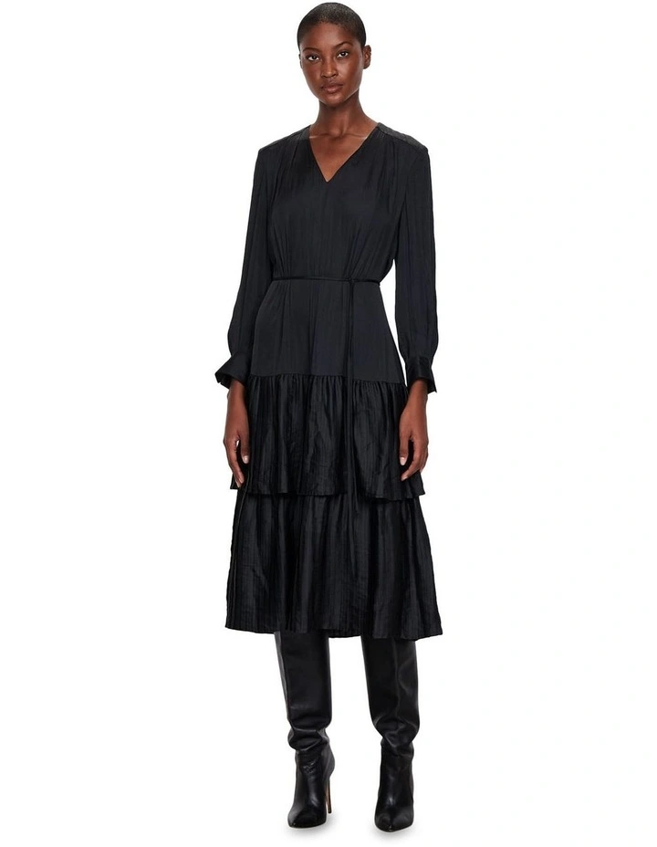 Soft Satin Pleated Midi Dress in Black