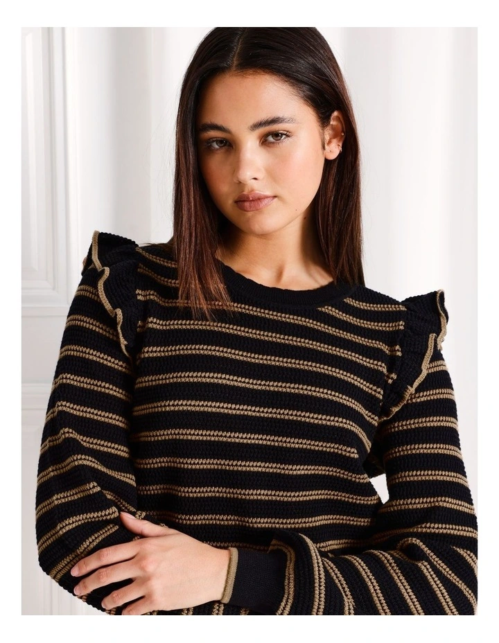 Frill Shoulder Striped Knit Jumper in Black