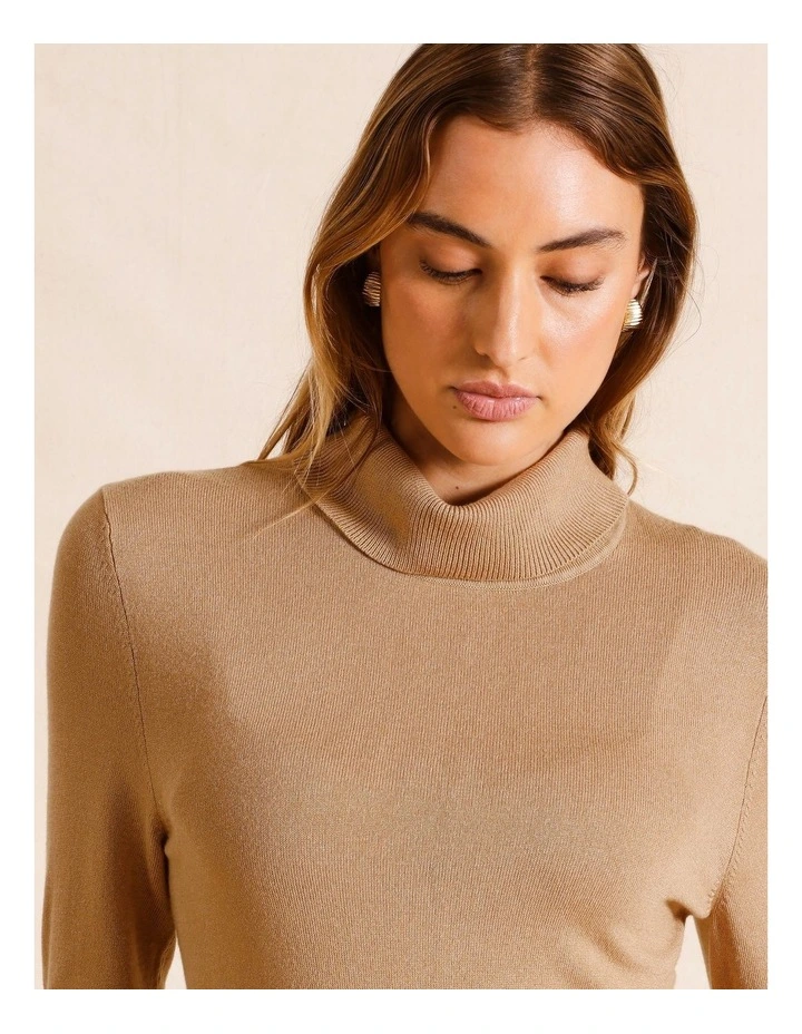 Light Weight Mock Neck Fully Fashioned Long Sleeve Top in Tan