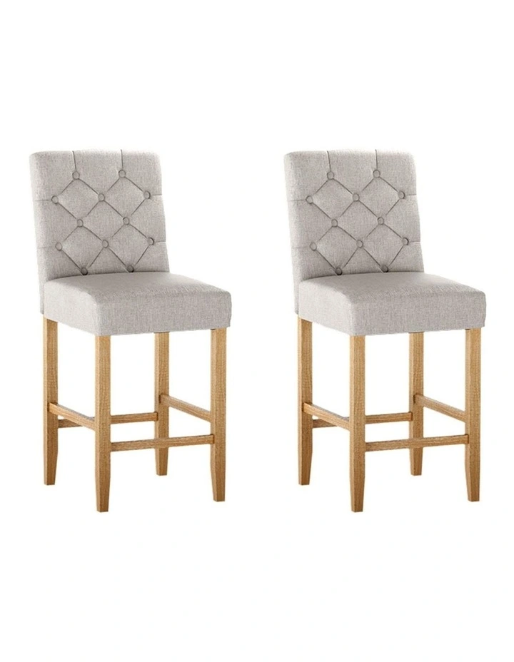 Wooden 2x Bar Stools Linen Upholstered in Beige