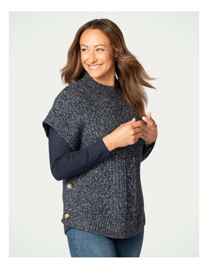 Side Button Cable Poncho in Navy