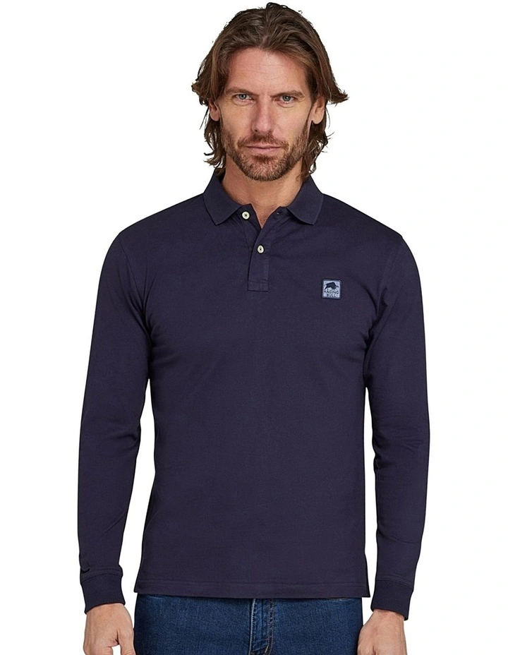 Classic Jersey Patch Long Sleeve Polo Shirt in Navy
