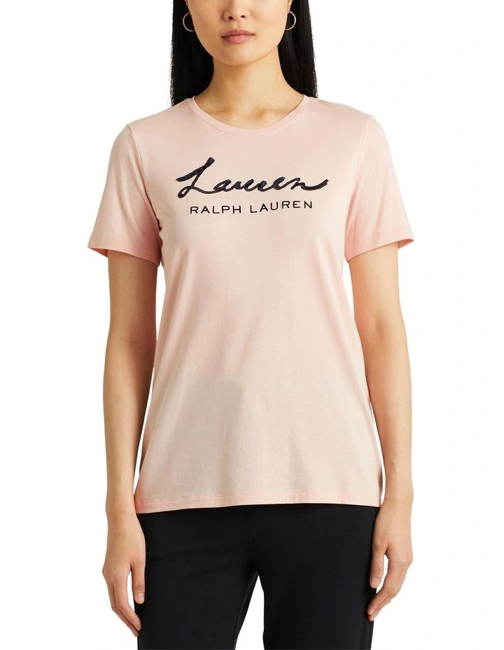 Sequined Logo Jersey Tee in Orange