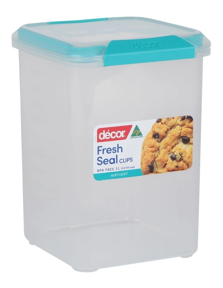 Fresh Seal Clips Tall Square Food Storage 3L in Clear/Teal