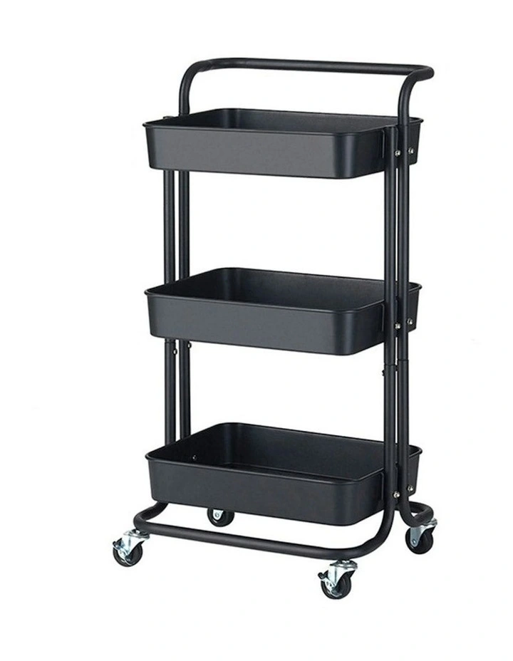 3 Tier Steel Movable Kitchen Storage Organizer with Wheels in Black