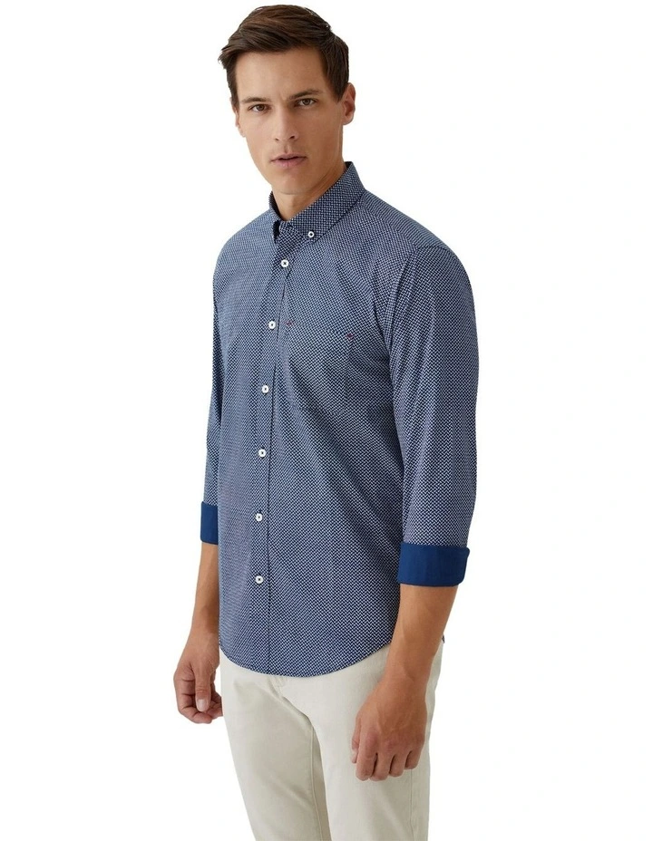 Stratton Printed Cotton Shirt in Navy