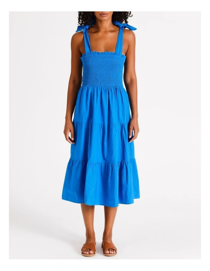 Maggie Smock Cotton Midi Dress in Indigo Bunting