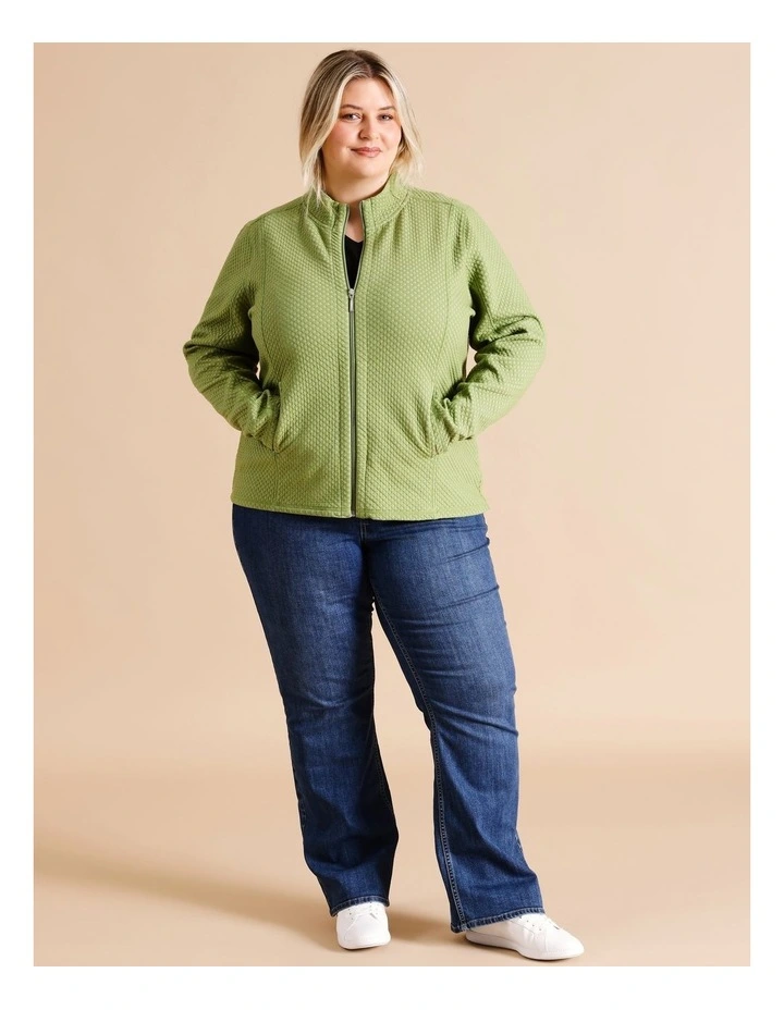 Recycled Polyester Blend Zip Thru Honeycomb Jacquard Sweat Top In Avocado