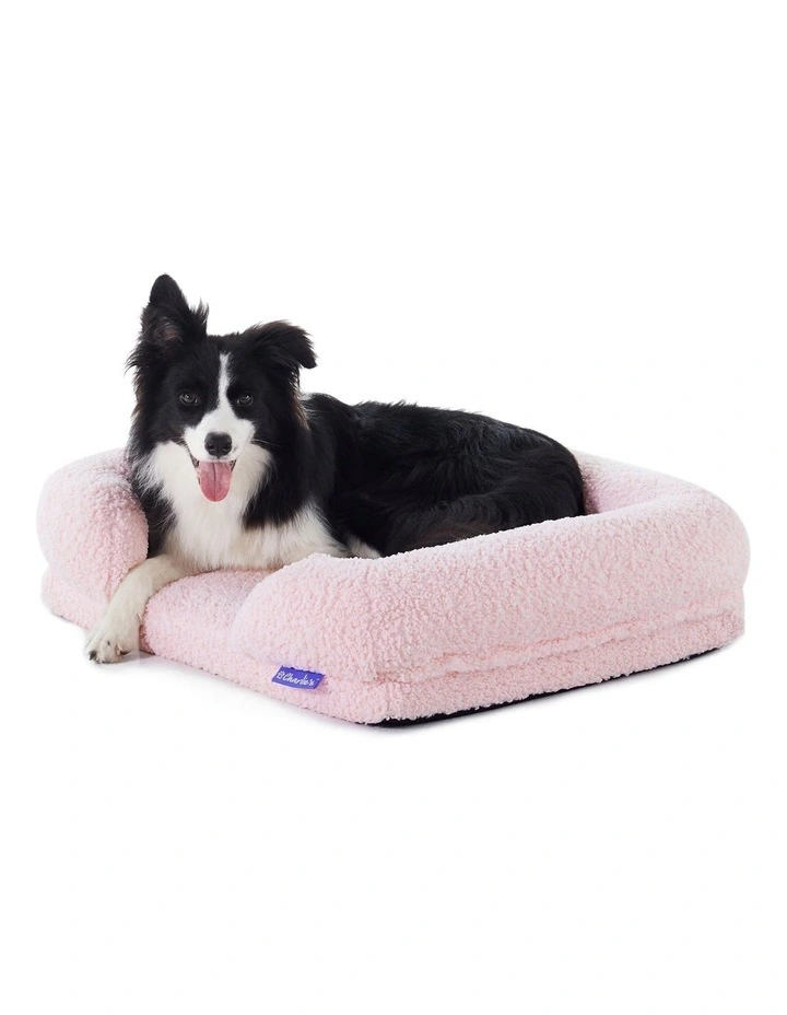 Teddy Fleece Orthopedic Memory Foam Sofa Dog Bed With Bolster in Pink