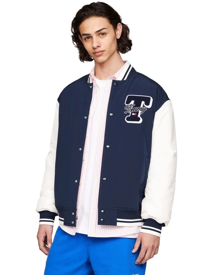 Varsity Colour-Blocked Letterman Jacket in Blue