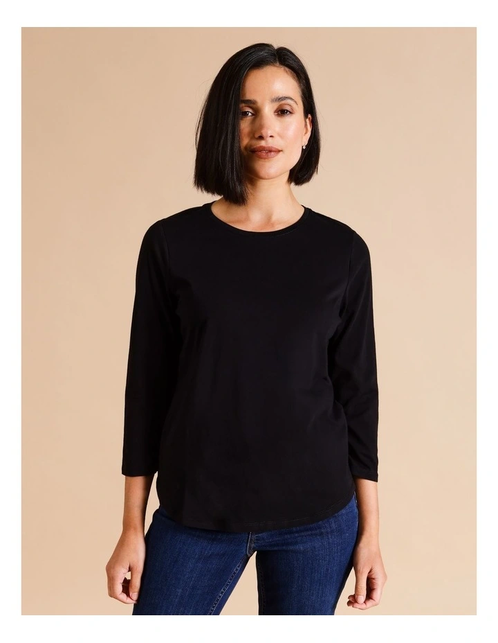 Organic Cotton Wardrobe Staple 3/4 Sleeve Tee In Black