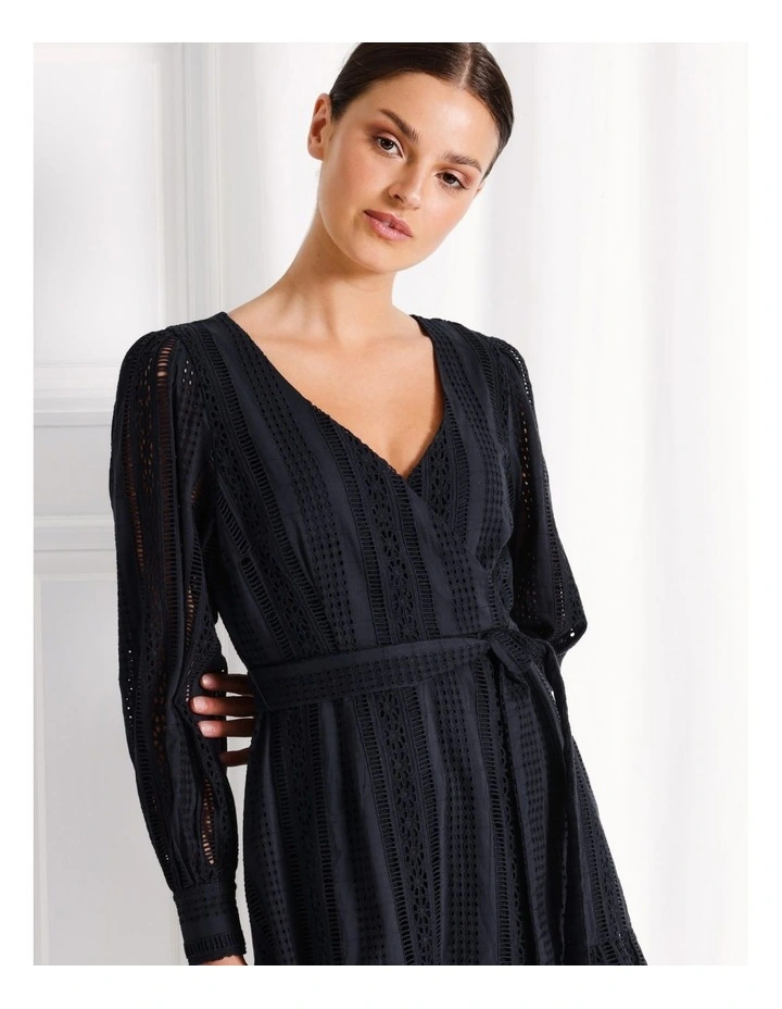 Cotton Broderie Long Sleeve Mini Dress in Navy