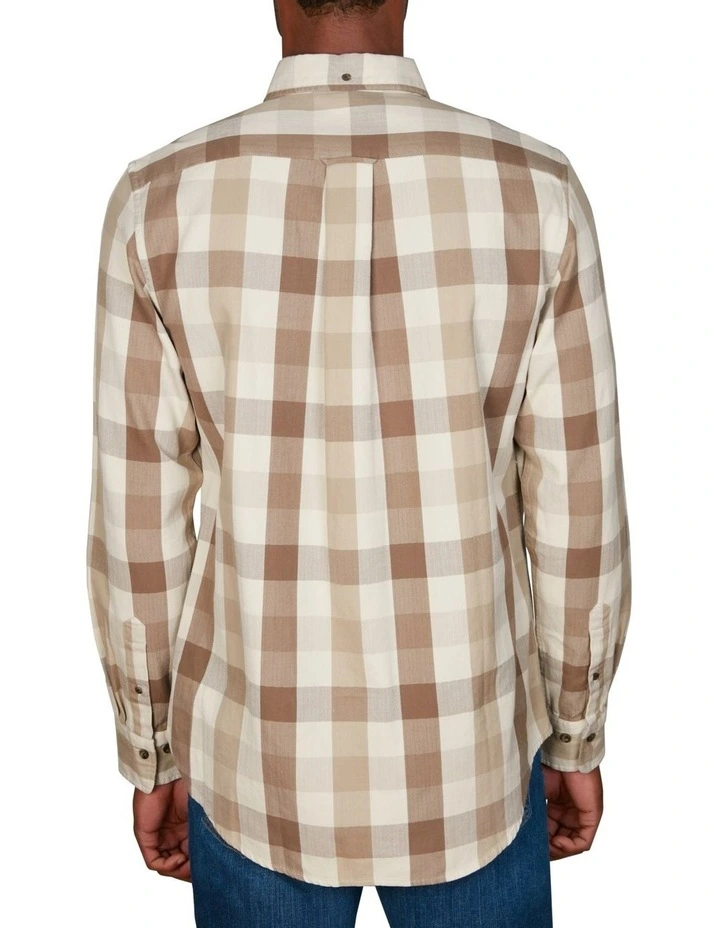 Regular Fit Herringbone Checked Flannel Shirt in Cold Beige