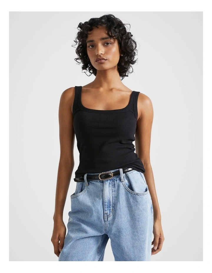Square Neck Rib Tank in Black