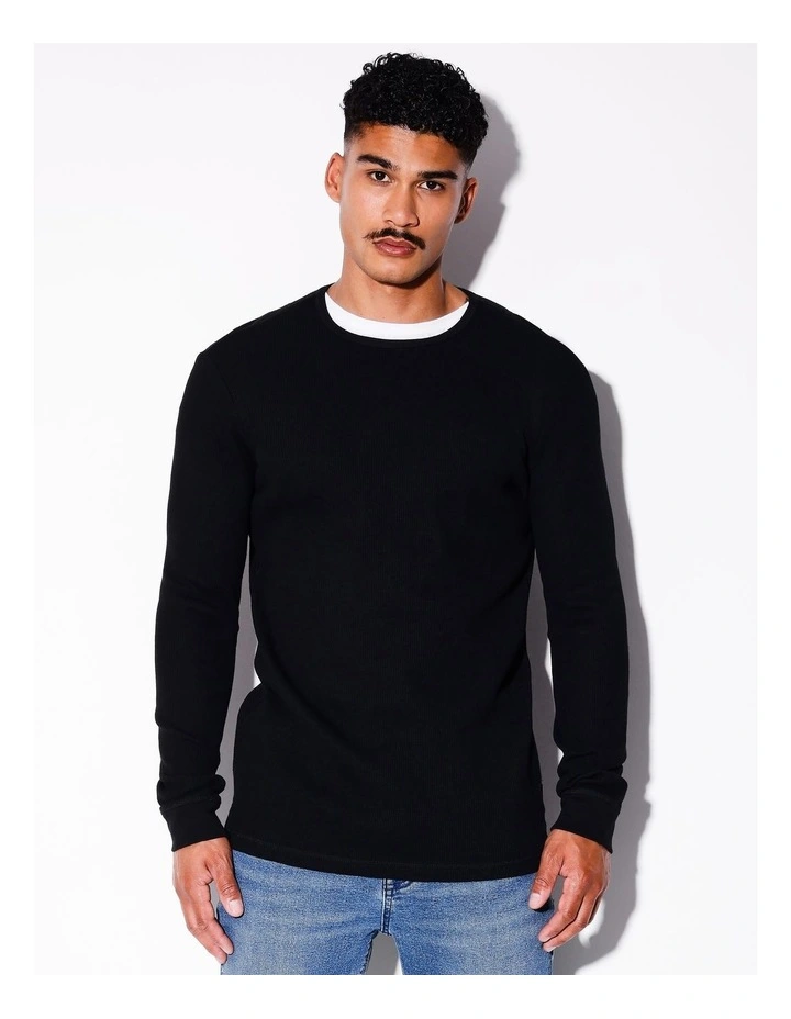 Oliver Long Sleeve Waffle Tee in Black