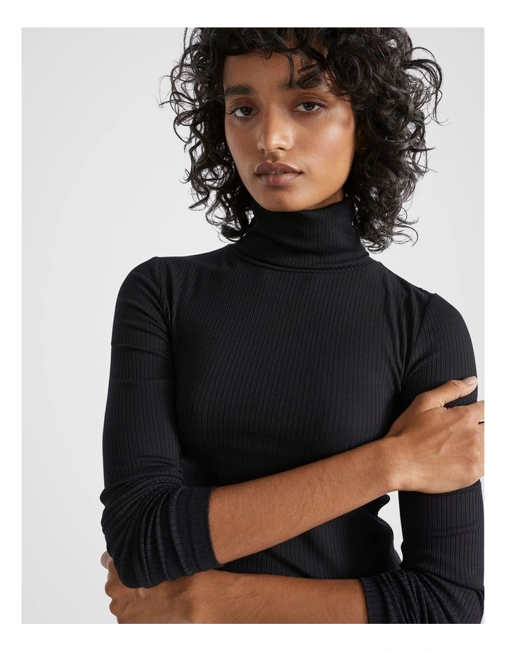 Core Rib Roll Neck Top in Black