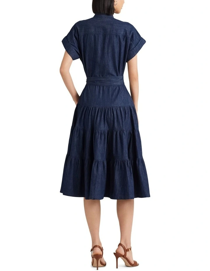 Belted Denim Tiered Shirtdress in Blue