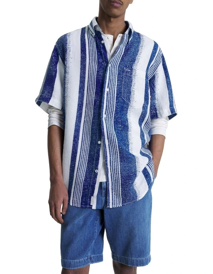 Stripe Archive Short Sleeve Linen Shirt in Regency Blue/Weather