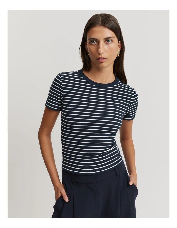 Stripe Crop Fitted T-shirt in Navy Stripe