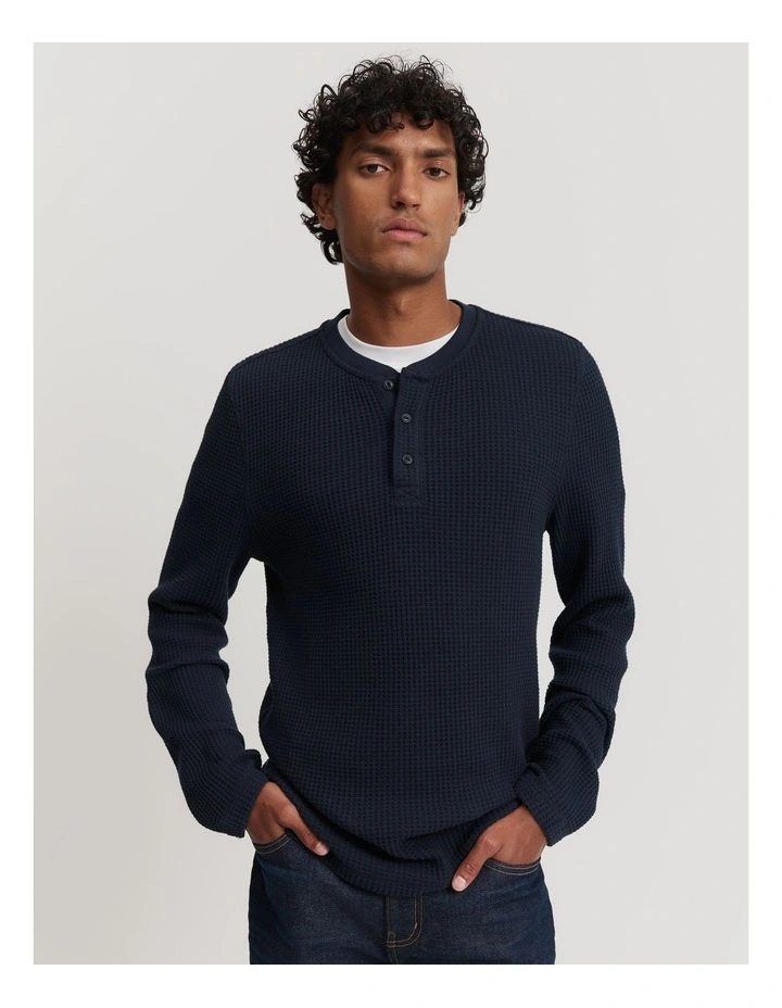 Australian Cotton Blend Waffle Henley Shirt in Navy