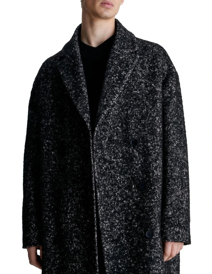 Boucle Wool Blend Double Breasted Coat in Black