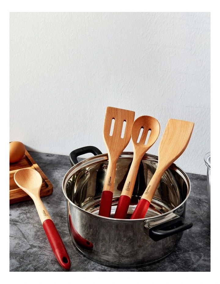 Rustic Beech Wood Kitchen Utensil Set with Silicone Grip 4 Piece in Red
