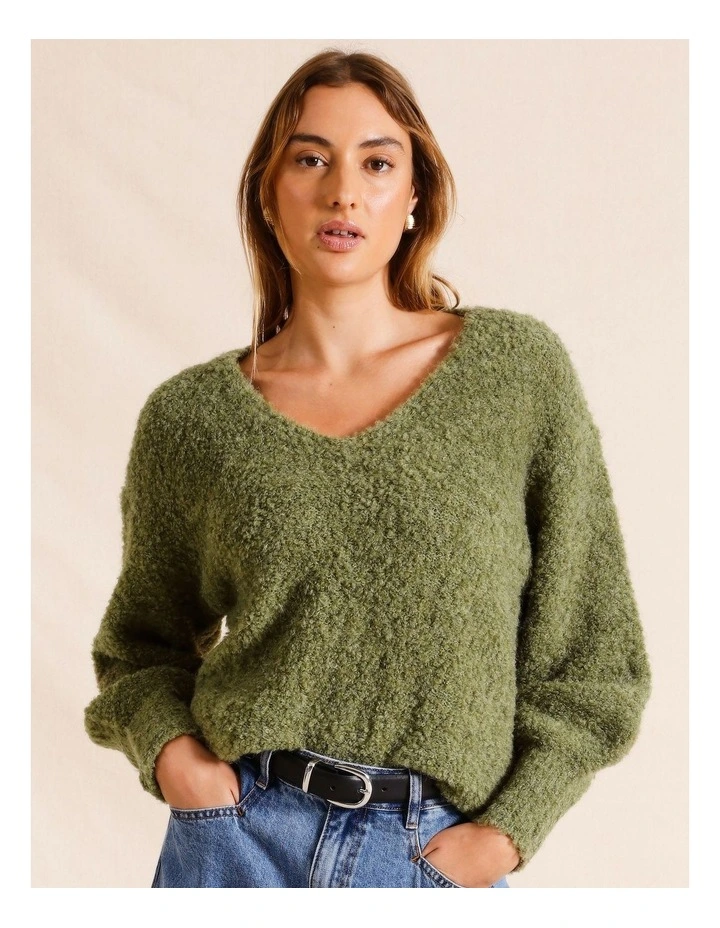 V-Neck Boucle Jumper in Khaki
