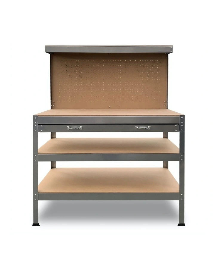 3-layer Steel Work Bench Garage Storage Table Tool Shelf Pegboard Drawer Silver