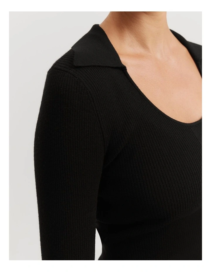 Australian Merino Wool Silk Collared Knit in Black