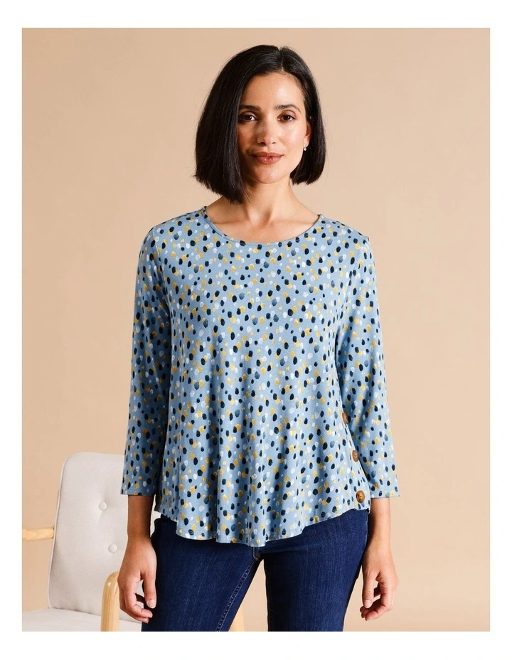 Sustainable Viscose Button Side 3/4 Sleeve Tee In Blue Rain Drop Spot