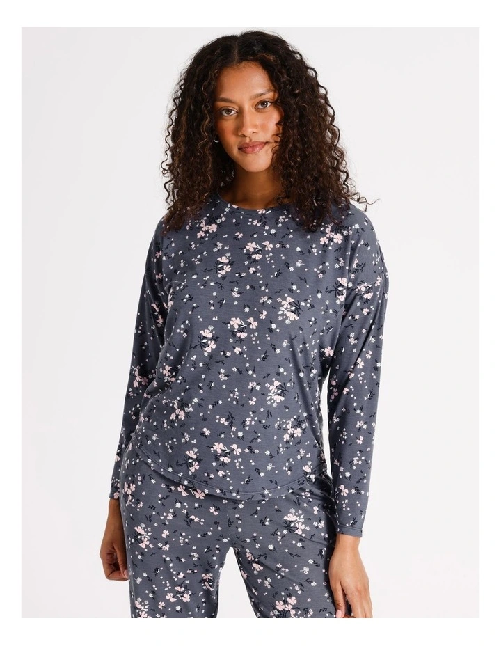 Jersey Knit Long Sleeve Top in Navy Floral