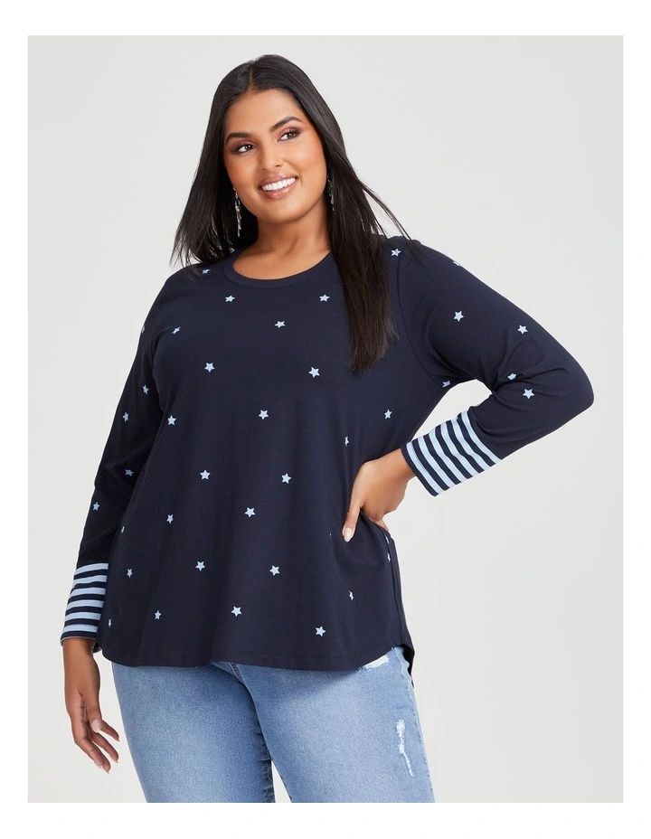 Cotton Stars + Stripes Top in Navy/Powder Blue