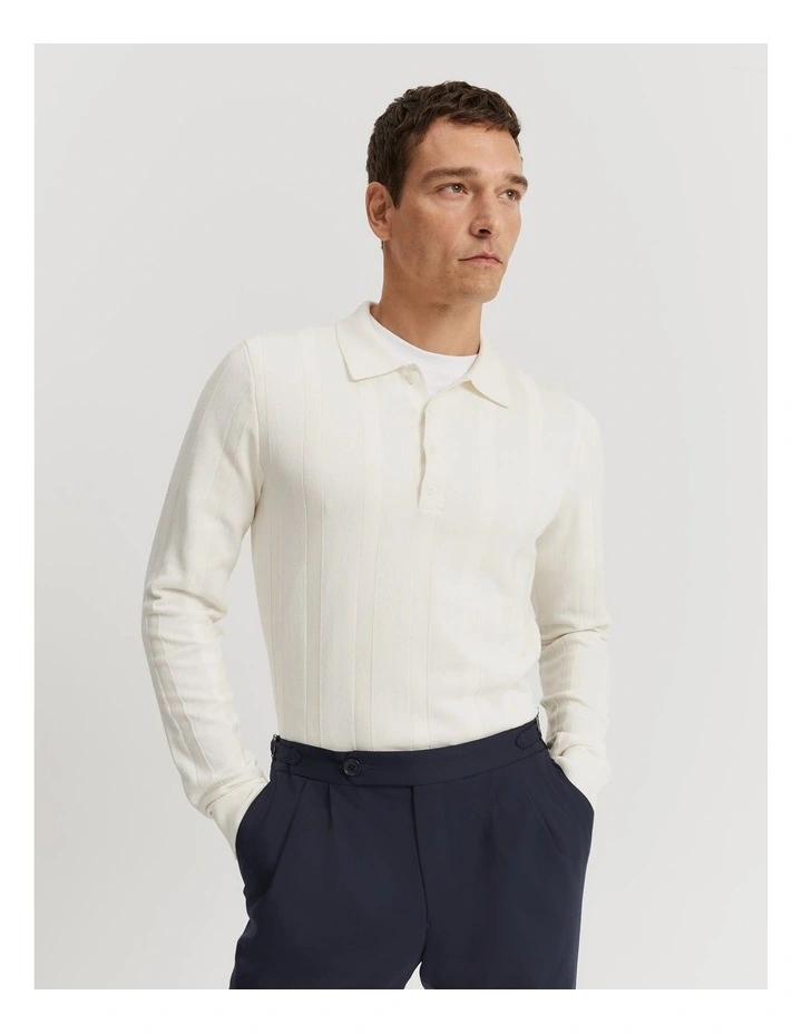 Cotton Silk Stripe Long Sleeve Polo in Cream