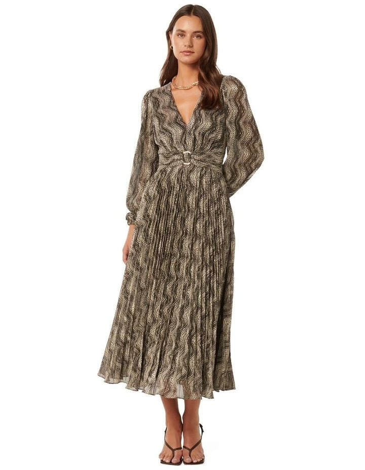 Greta Plisse Ring Detail Midi Dress in Brown