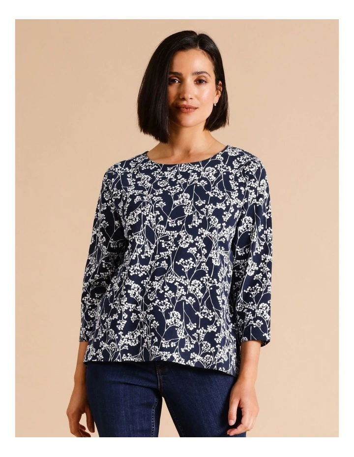 3/4 Sleeve Swing Tee in Navy/Chalk Monotone Floral